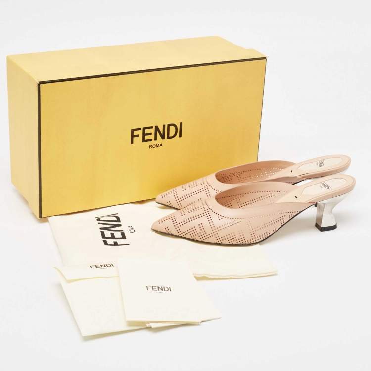Pre Owned Fendi Beige Leather Perforated FF Mules Size 36