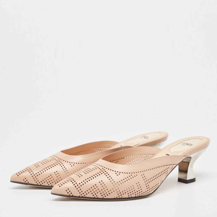 Pre Owned Fendi Beige Leather Perforated FF Mules Size 36