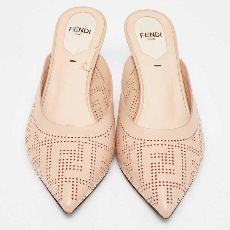 Pre Owned Fendi Beige Leather Perforated FF Mules Size 36