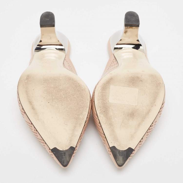 Pre Owned Fendi Beige Leather Perforated FF Mules Size 36