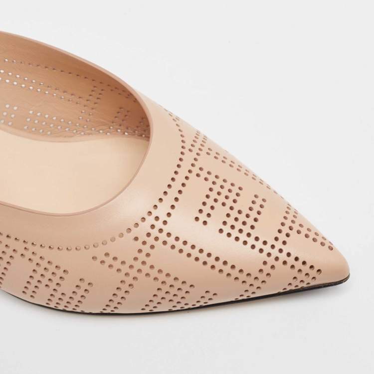 Pre Owned Fendi Beige Leather Perforated FF Mules Size 36