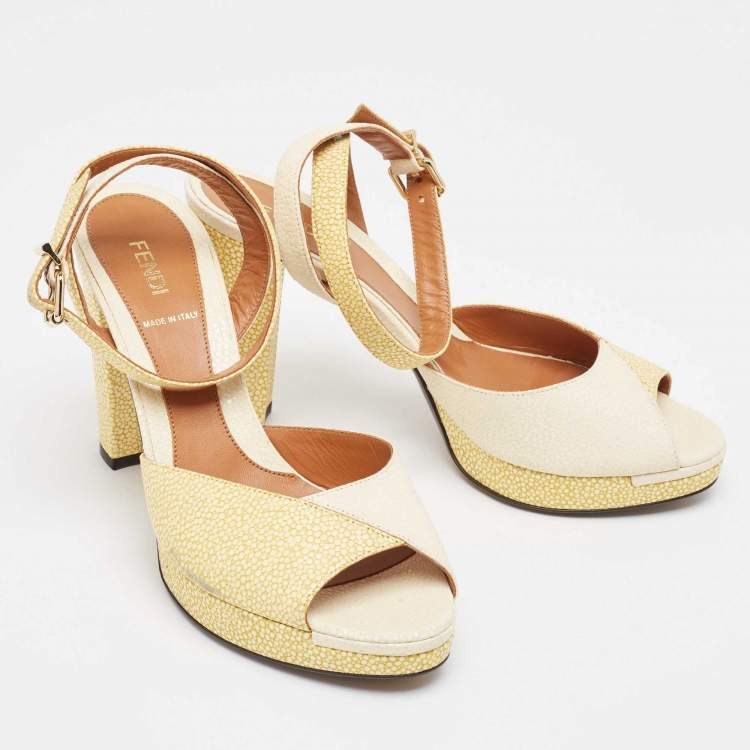 Pre Owned Fendi Cream/Yellow Stingray Embossed Leather Ankle Strap Platform Sandals Size 39