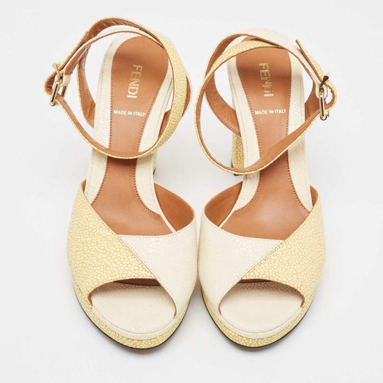 Pre Owned Fendi Cream/Yellow Stingray Embossed Leather Ankle Strap Platform Sandals Size 39