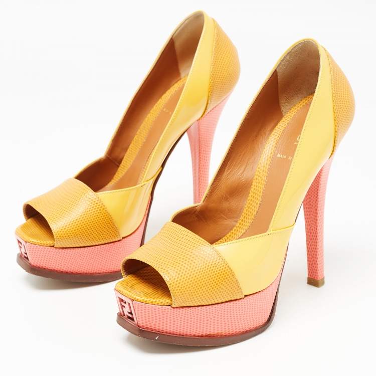 Pre Owned Fendi Tricolor Embossed Lizard and Patent Leather Fendista Pumps Size 37