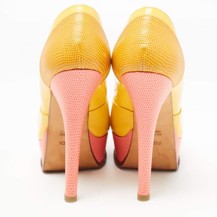 Pre Owned Fendi Tricolor Embossed Lizard and Patent Leather Fendista Pumps Size 37