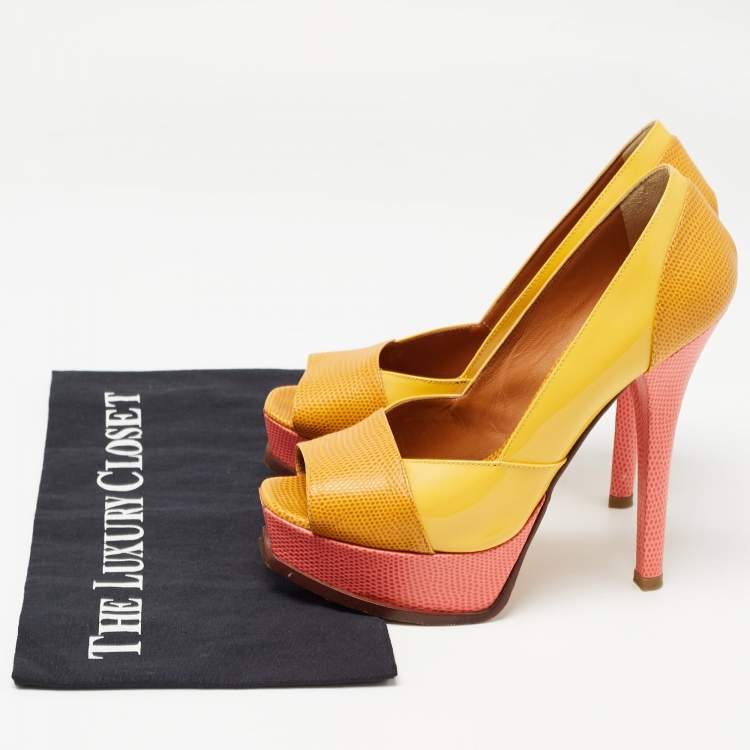 Pre Owned Fendi Tricolor Embossed Lizard and Patent Leather Fendista Pumps Size 37