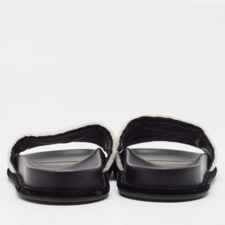 Pre Owned Fendi Black/White Fur FF Flat Slides Size 38.5