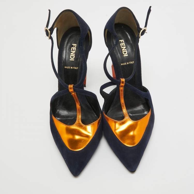 Pre Owned Fendi Navy Blue/Metallic Suede and Leather T-Bar Ankle Strap Pumps Size 37