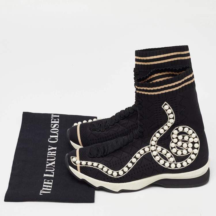 Pre Owned Fendi Black Knit Fabric Pearl Embellished Slip On High Top Sneakers Size 37