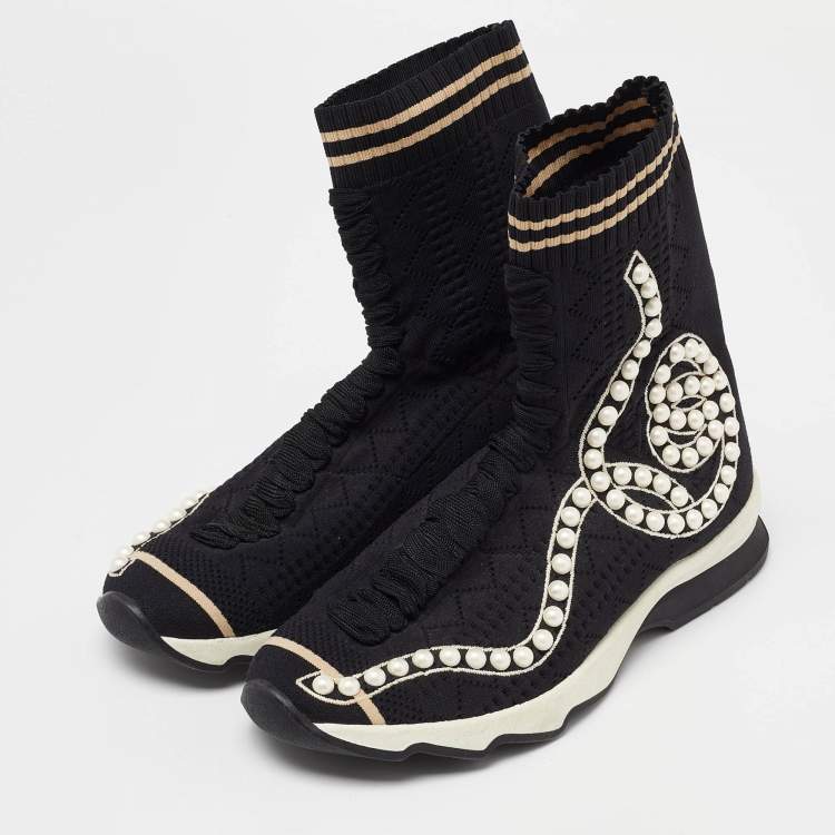 Pre Owned Fendi Black Knit Fabric Pearl Embellished Slip On High Top Sneakers Size 37