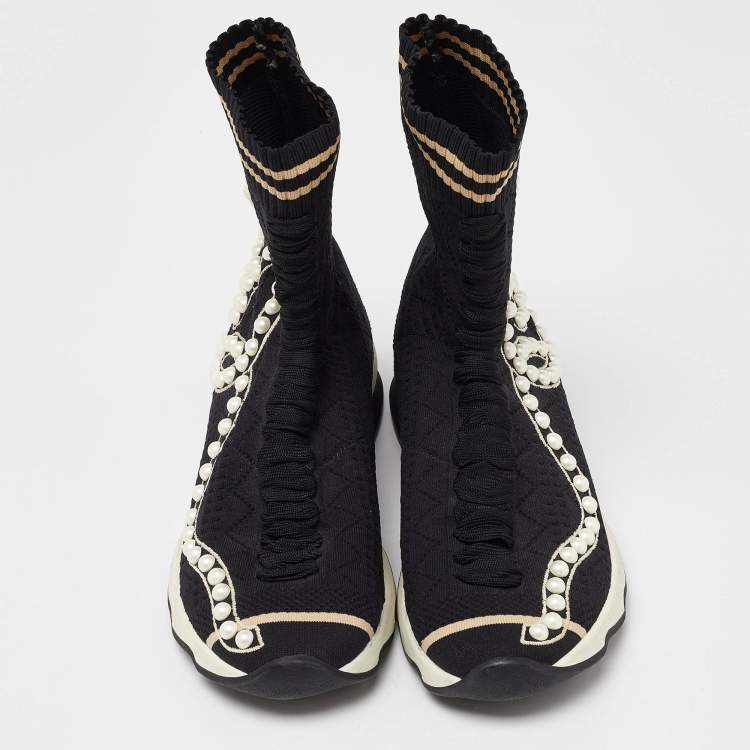 Pre Owned Fendi Black Knit Fabric Pearl Embellished Slip On High Top Sneakers Size 37