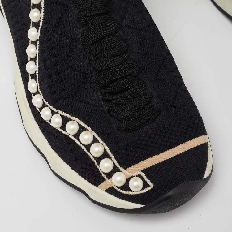 Pre Owned Fendi Black Knit Fabric Pearl Embellished Slip On High Top Sneakers Size 37