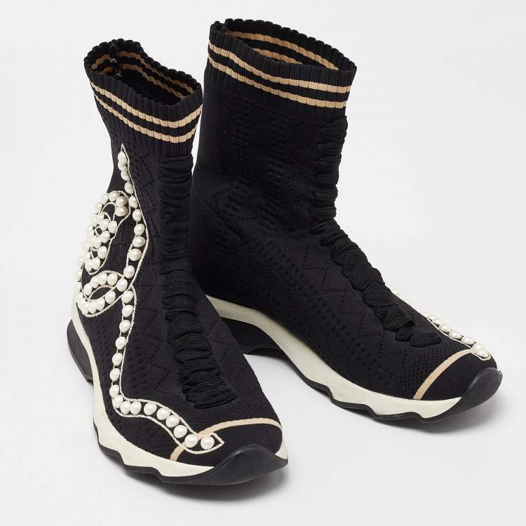 Pre Owned Fendi Black Knit Fabric Pearl Embellished Slip On High Top Sneakers Size 37