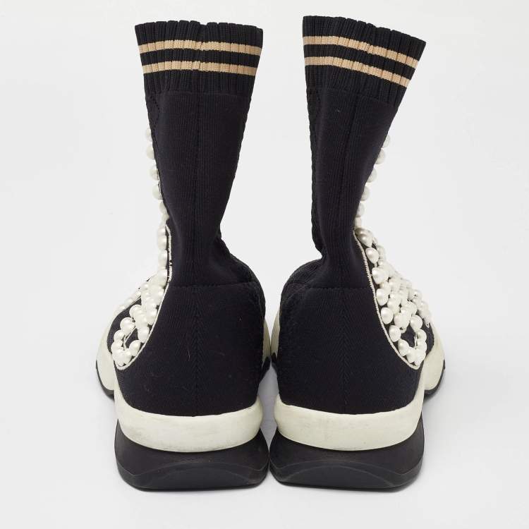 Pre Owned Fendi Black Knit Fabric Pearl Embellished Slip On High Top Sneakers Size 37