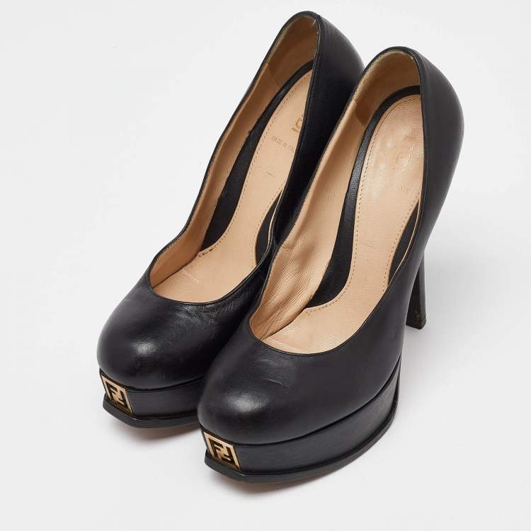 Pre Owned Fendi Black Leather Fendista Platform Pumps Size 38.5