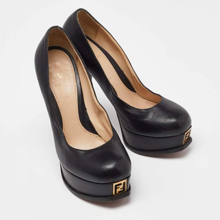 Pre Owned Fendi Black Leather Fendista Platform Pumps Size 38.5