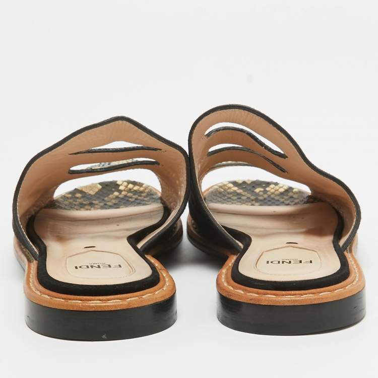 Pre Owned Fendi Black Suede And Python Cut Out Flat Slides Size 36