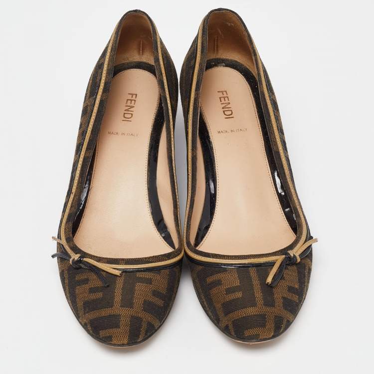 Pre Owned Fendi Brown Zucca Canvas and Leather Bow Wedge Pumps Size 38