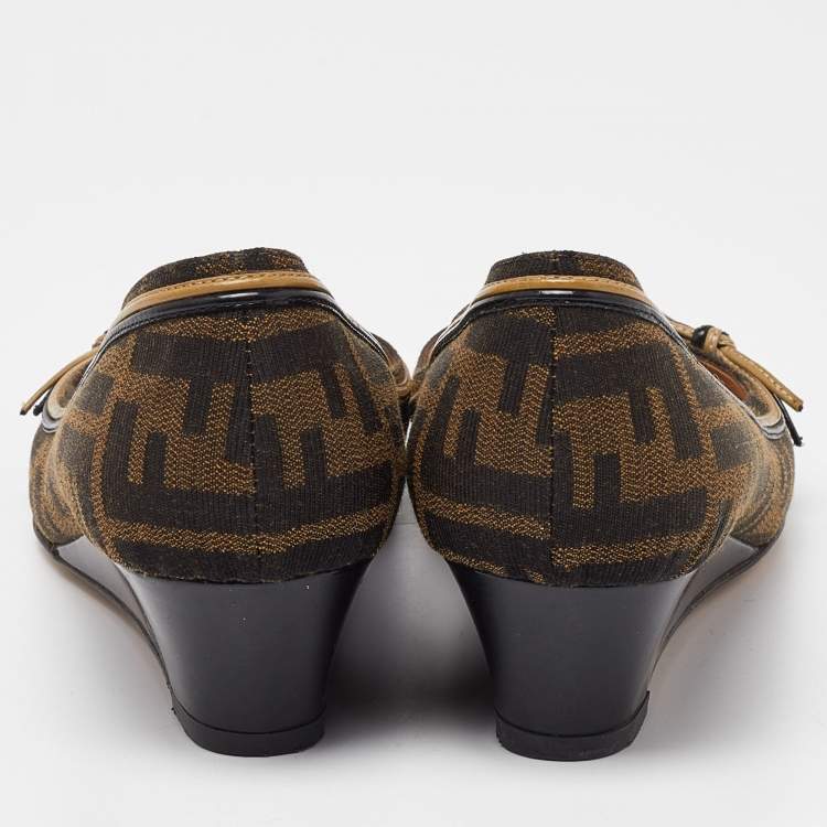 Pre Owned Fendi Brown Zucca Canvas and Leather Bow Wedge Pumps Size 38