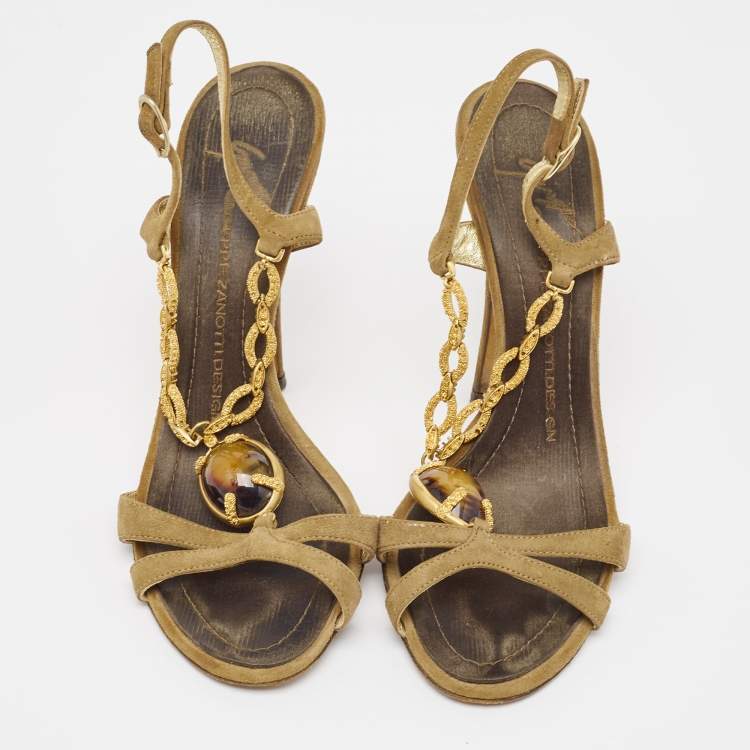 Pre Owned  Giuseppe Zanotti Green Suede Chain Link Embellished Ankle Strap Sandals Size 36.5