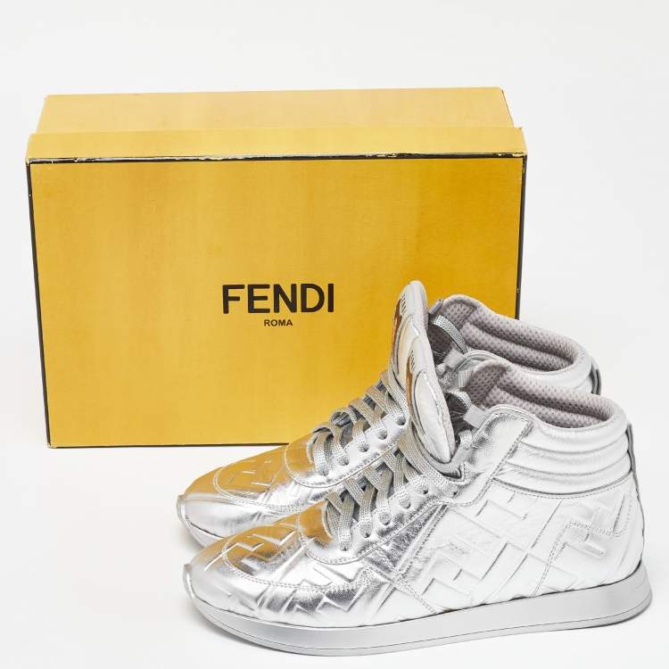 Pre Owned Fendi X Nicki Minaj Silver Laminated Leather High Top Sneakers 37.5