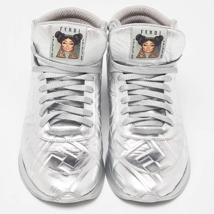 Pre Owned Fendi X Nicki Minaj Silver Laminated Leather High Top Sneakers 37.5