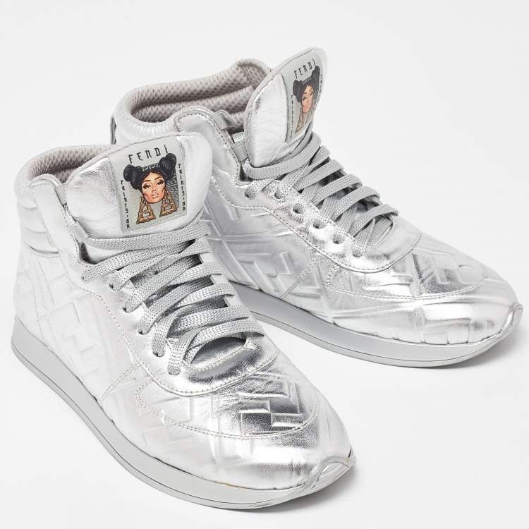 Pre Owned Fendi X Nicki Minaj Silver Laminated Leather High Top Sneakers 37.5