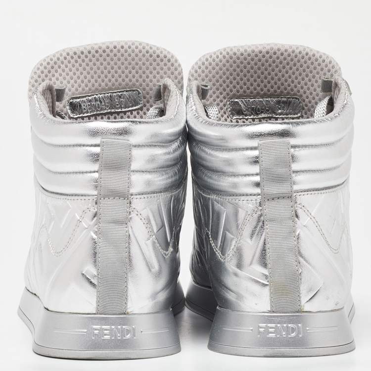 Pre Owned Fendi X Nicki Minaj Silver Laminated Leather High Top Sneakers 37.5