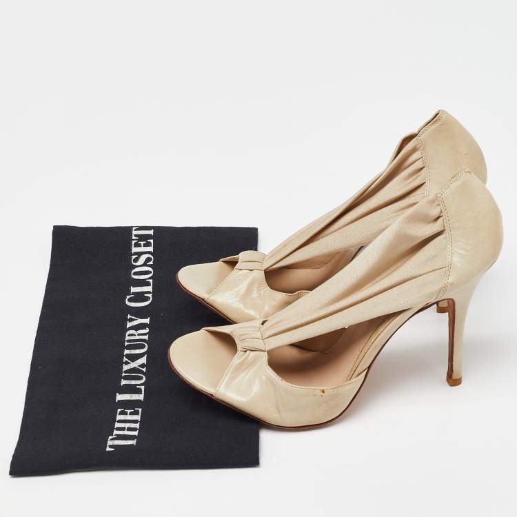 Pre Owned Fendi Beige Leather and Fabric Open Toe Pumps Size 39