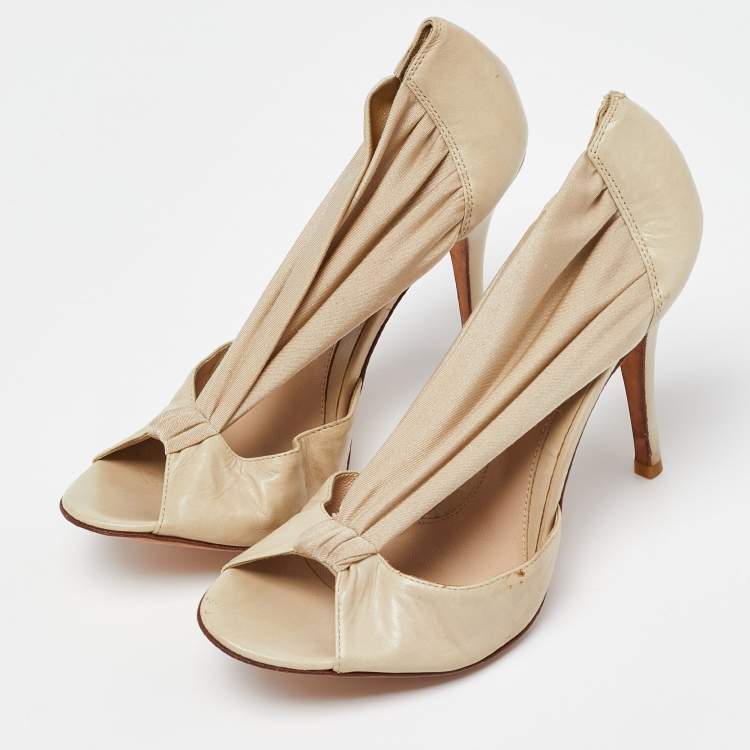 Pre Owned Fendi Beige Leather and Fabric Open Toe Pumps Size 39