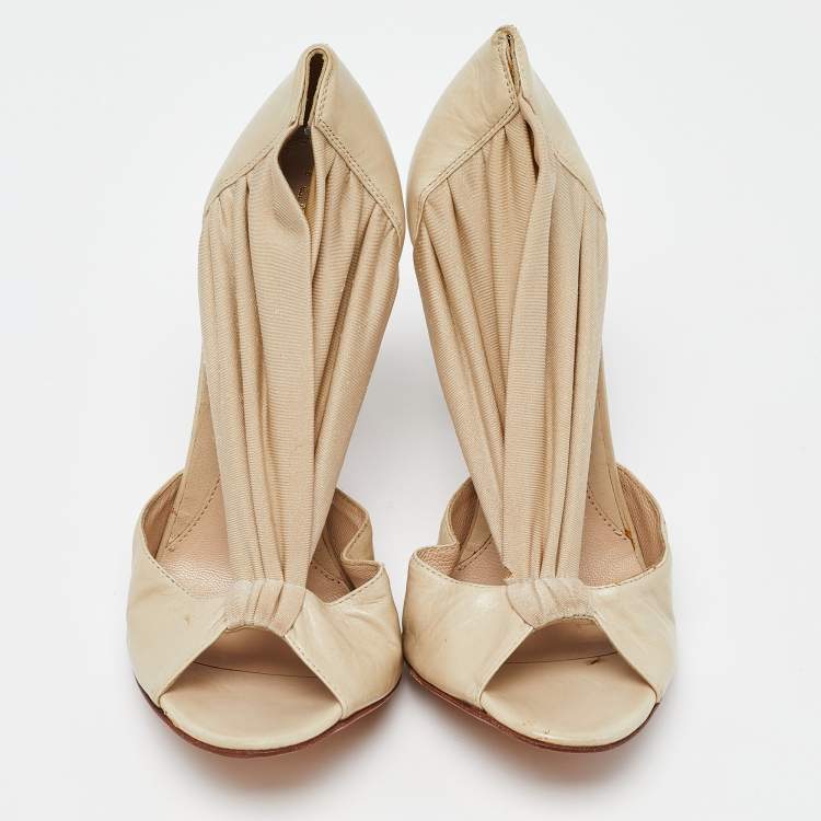 Pre Owned Fendi Beige Leather and Fabric Open Toe Pumps Size 39