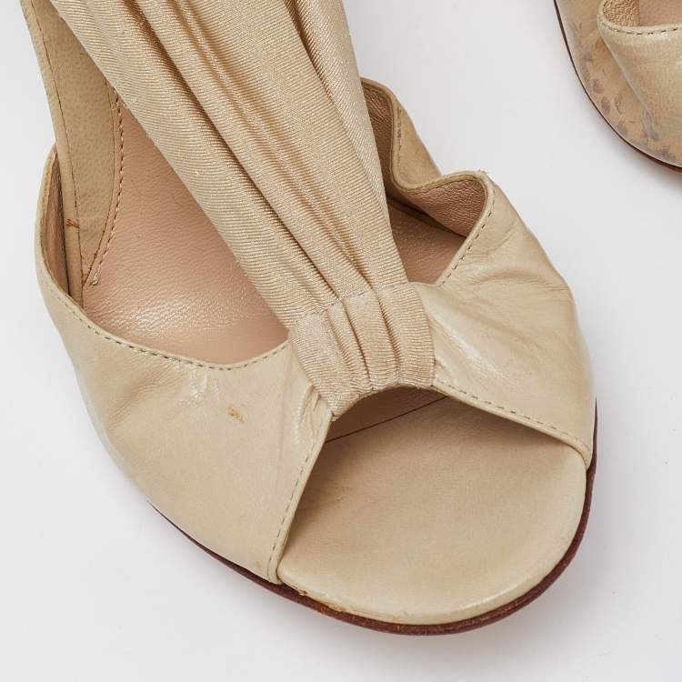 Pre Owned Fendi Beige Leather and Fabric Open Toe Pumps Size 39