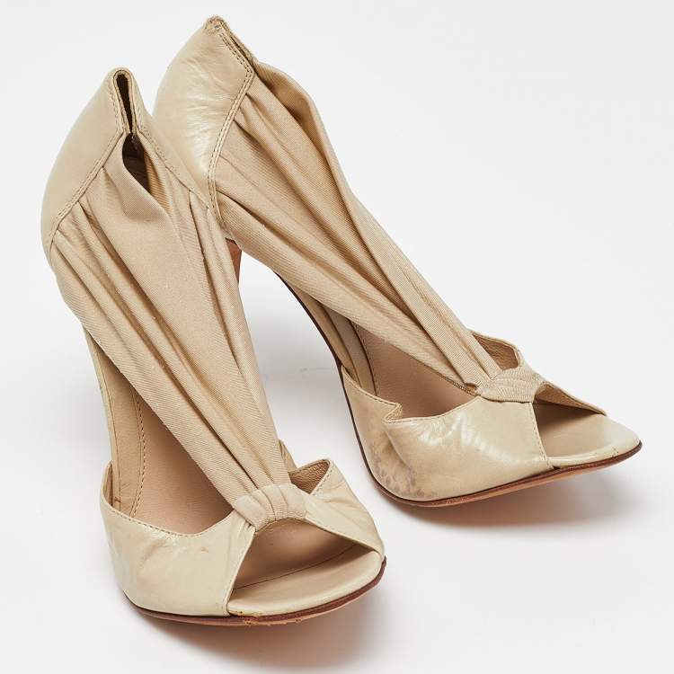 Pre Owned Fendi Beige Leather and Fabric Open Toe Pumps Size 39