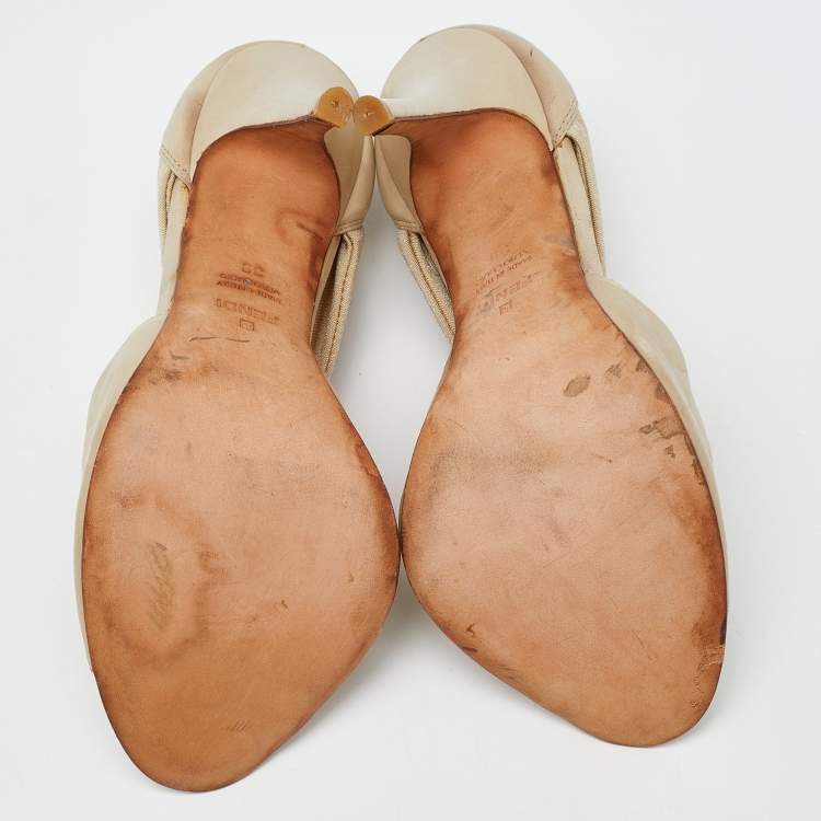 Pre Owned Fendi Beige Leather and Fabric Open Toe Pumps Size 39