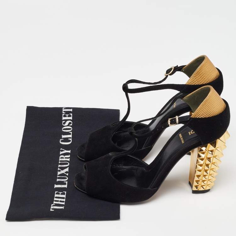 Pre Owned Fendi Black/Gold Suede And Embossed Leather Studded Heel T-Strap Sandals Size 38