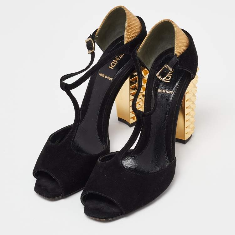 Pre Owned Fendi Black/Gold Suede And Embossed Leather Studded Heel T-Strap Sandals Size 38