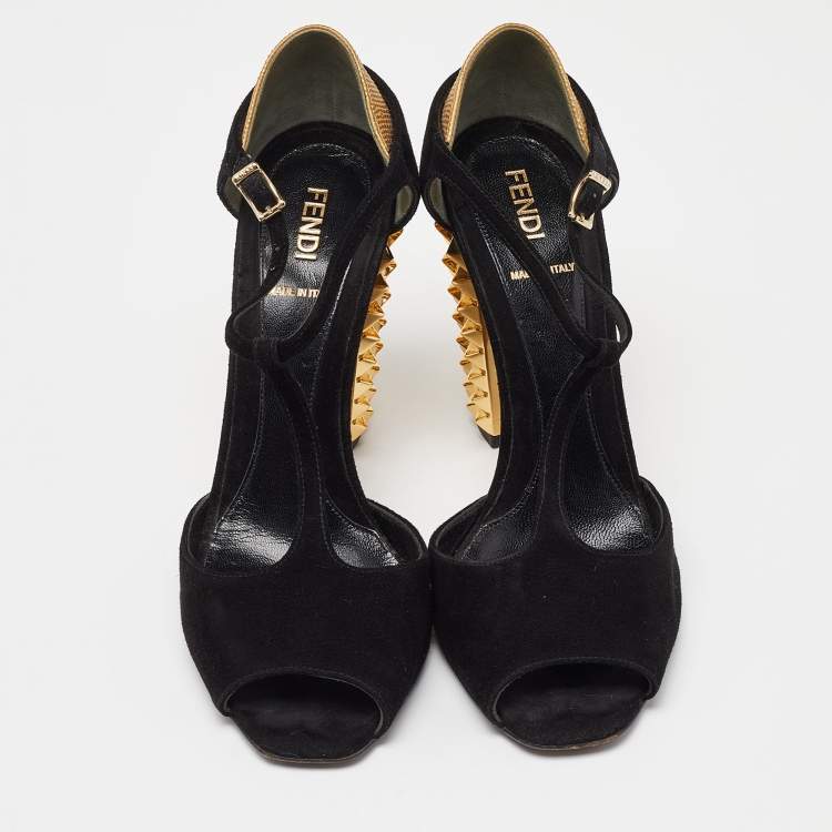 Pre Owned Fendi Black/Gold Suede And Embossed Leather Studded Heel T-Strap Sandals Size 38
