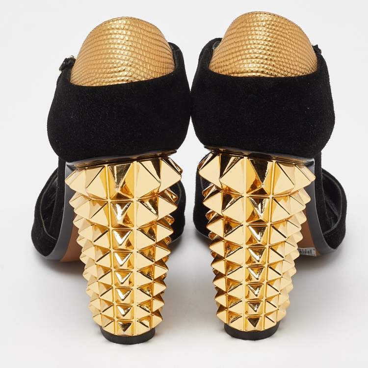Pre Owned Fendi Black/Gold Suede And Embossed Leather Studded Heel T-Strap Sandals Size 38