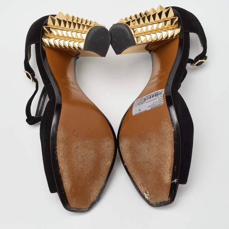 Pre Owned Fendi Black/Gold Suede And Embossed Leather Studded Heel T-Strap Sandals Size 38