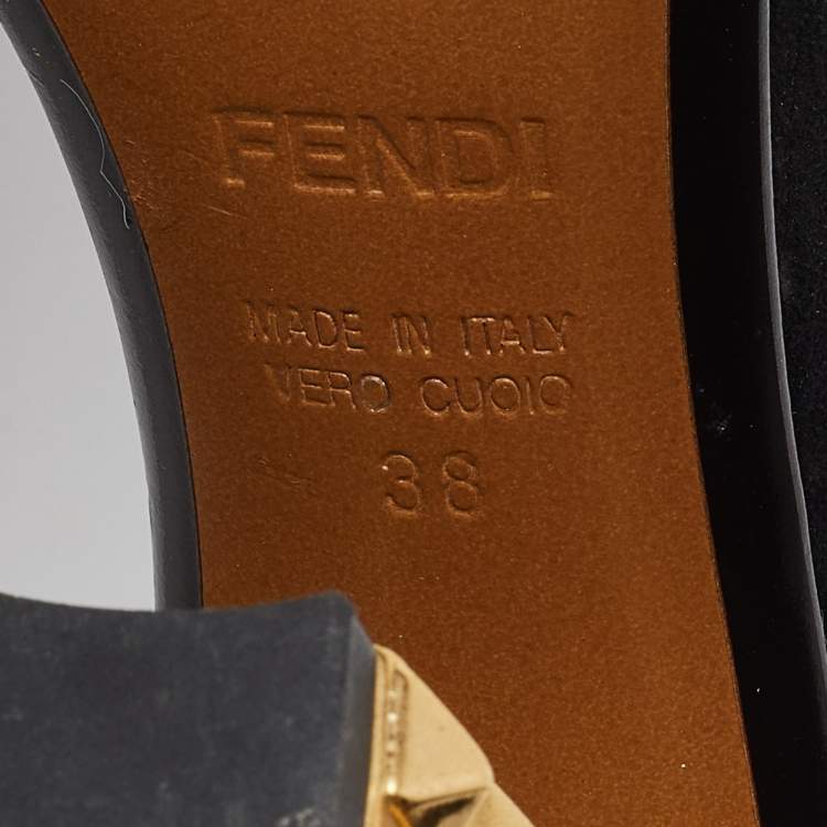 Pre Owned Fendi Black/Gold Suede And Embossed Leather Studded Heel T-Strap Sandals Size 38