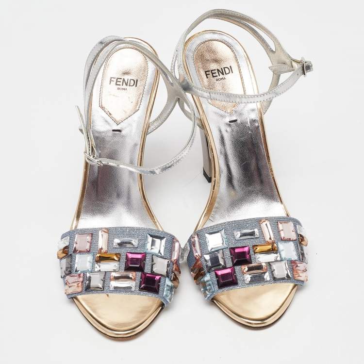 Pre Owned Fendi Sliver Leather and Fabric Crystals Embellished Ankle Strap Sandals Size 38