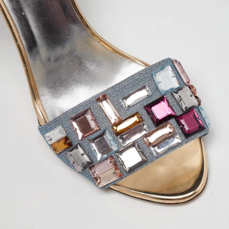 Pre Owned Fendi Sliver Leather and Fabric Crystals Embellished Ankle Strap Sandals Size 38