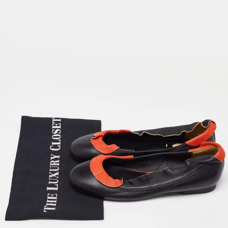Pre Owned Fendi Black/Orange Leather Ruffle Trim Ballet Flats Size 39