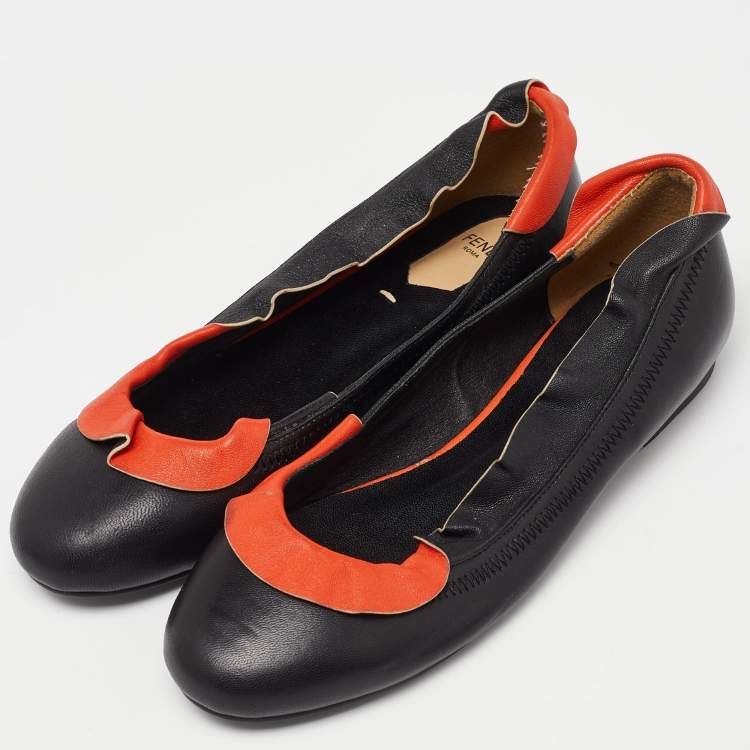 Pre Owned Fendi Black/Orange Leather Ruffle Trim Ballet Flats Size 39