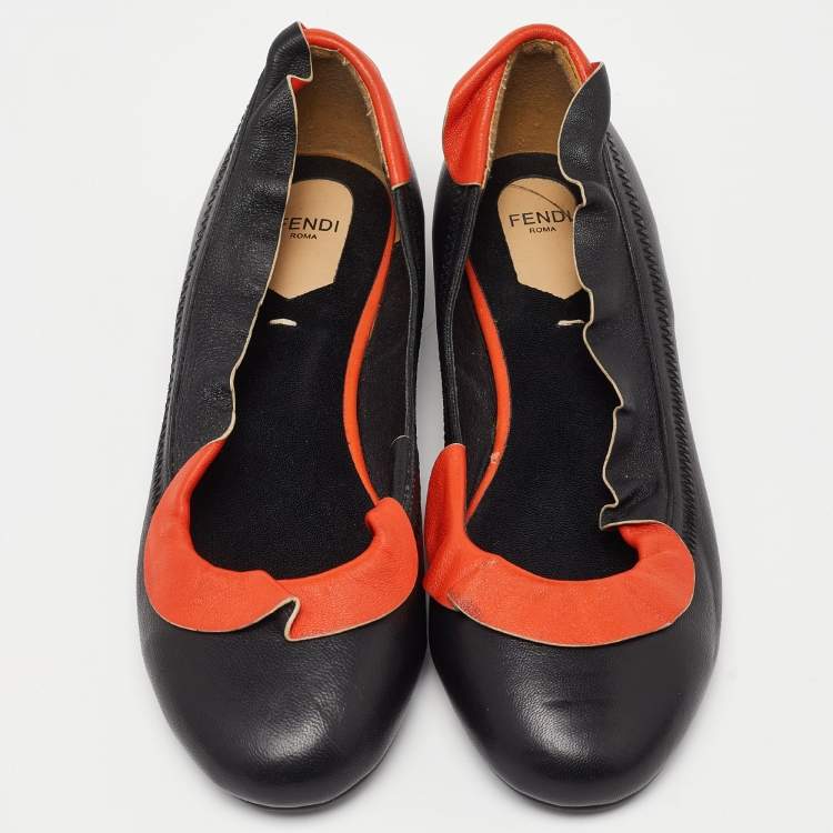 Pre Owned Fendi Black/Orange Leather Ruffle Trim Ballet Flats Size 39