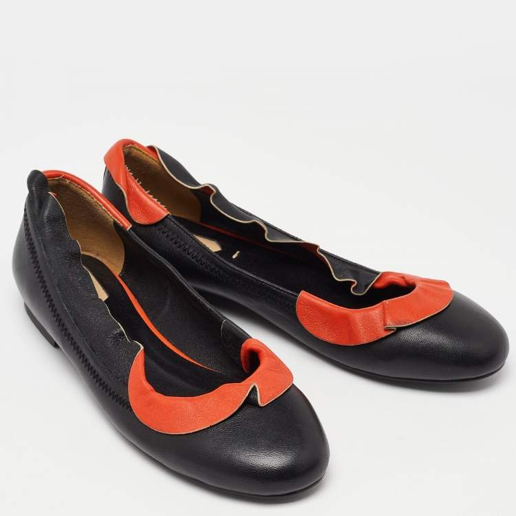 Pre Owned Fendi Black/Orange Leather Ruffle Trim Ballet Flats Size 39
