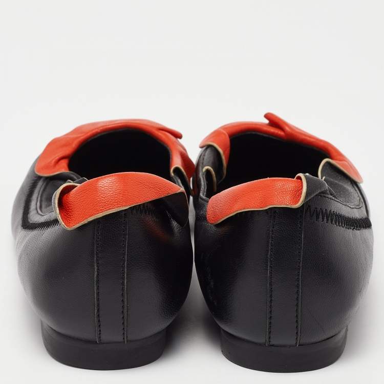 Pre Owned Fendi Black/Orange Leather Ruffle Trim Ballet Flats Size 39