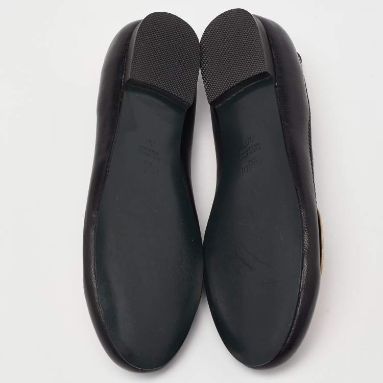 Pre Owned Fendi Black/Orange Leather Ruffle Trim Ballet Flats Size 39