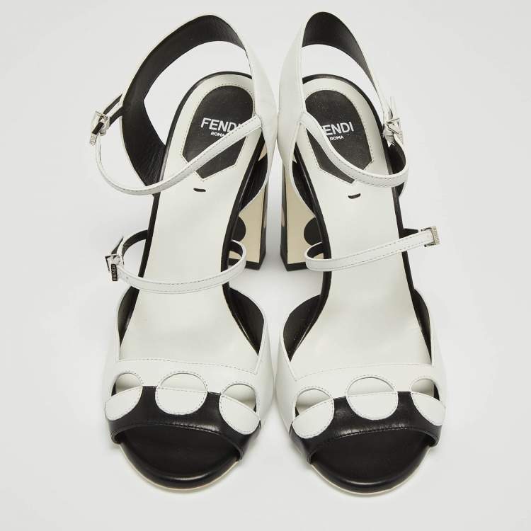 Pre Owned Fendi White/Black Leather Ankle Strap Sandals Size 38