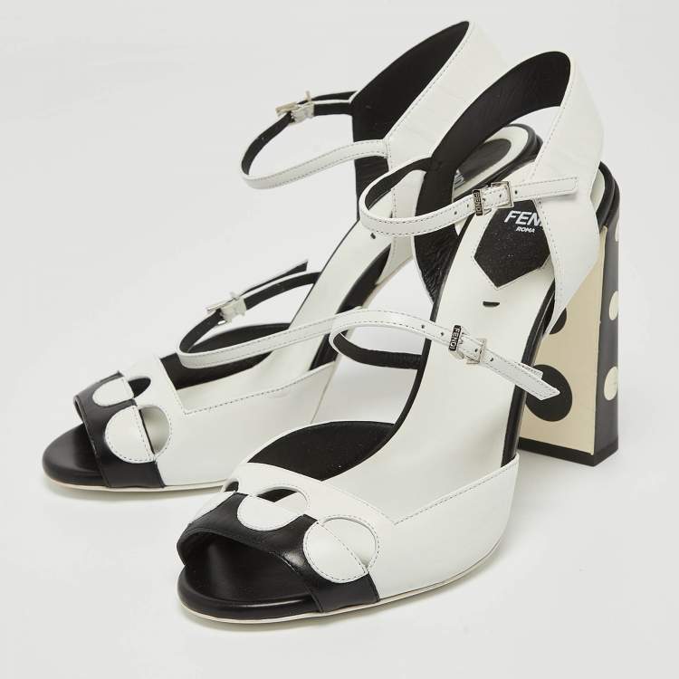 Pre Owned Fendi White/Black Leather Ankle Strap Sandals Size 38